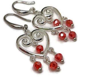 Red Heart Chandelier Drop Earrings