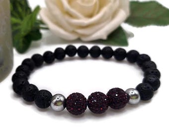 Black Lava Beads & Purple Rhinestone Bracelet | Stretch Bracelet with Silver Hematite Accents