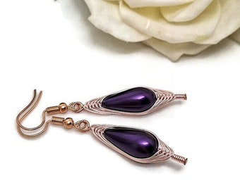 Dark Purple Glass Pearl Herringbone Weave Drop Earrings.