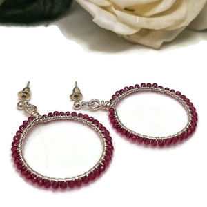 Pink Crystal Hoop Earrings | Wire Wrapped Hoops | Silver Plated Stud Drops