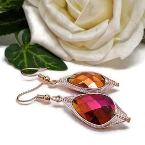 Pink Crystal Teardrop Earrings | Rose Gold Herringbone Wrap | Mermaid Sparkle Gift
