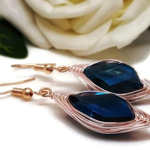 Blue Shimmer | Crystal Teardrop | Herringbone Rose Gold Earrings