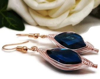 Blue Shimmer Crystal Teardrop Herringbone Rose Gold Earrings