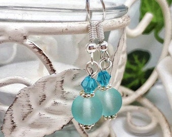 Blue Teal Frosted Glass and Crystal Drop Earrings