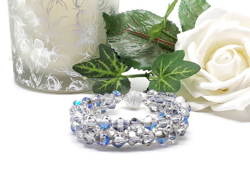 Clear iridescent Crystal Bicone Chain Maille Bracelet