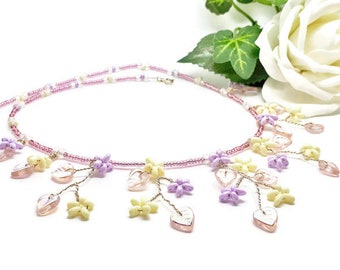 Pink Wire & Beaded Floral Necklace