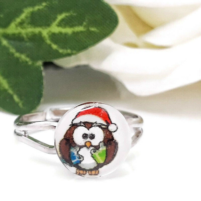 Christmas Owl Adjustable Ring | Cute Festive Jewellery Gift | Silver Plated