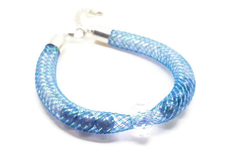 Crystal filled Fashion Bracelet Tubular Cuff Bracelet Blue Crystal Pearl Mesh Bracelet with Clear Crystal Charm Stardust Cuff Bracelet
