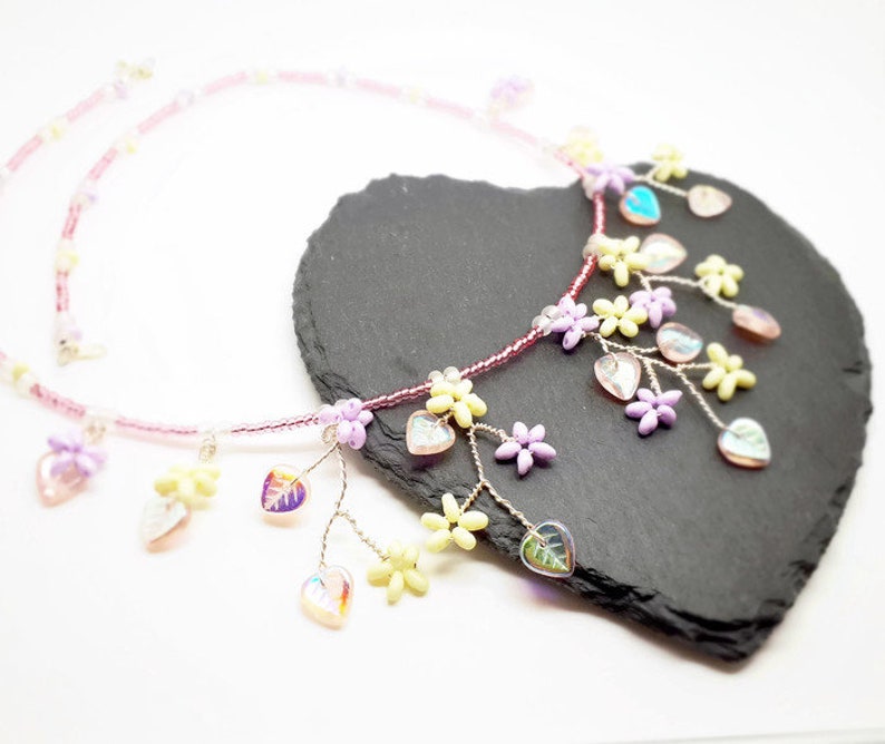 Boho Necklace Summer Jewellery Pink Twisted Wire Summer Floral Beaded Necklace