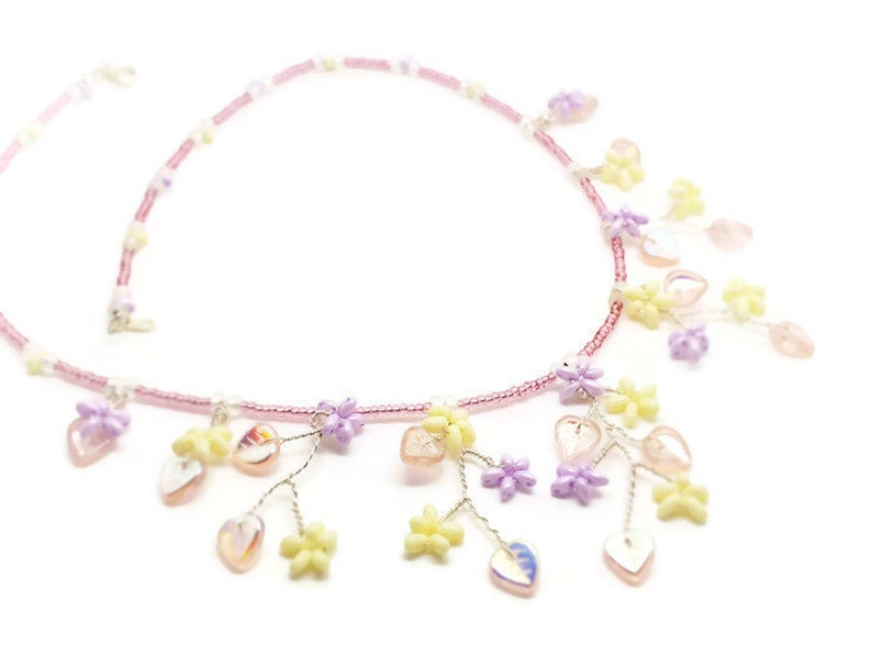 Boho Necklace Summer Jewellery Pink Twisted Wire Summer Floral Beaded Necklace