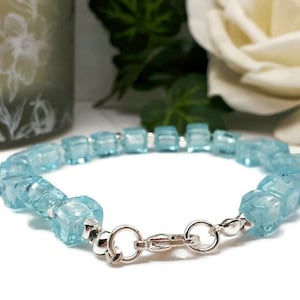 Aqua Blue Foil Glass Cube Bracelet | Silver Plated | Unique Everyday Gift