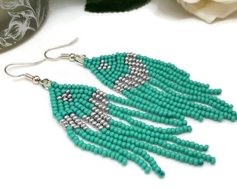 Teal & Silver Beadwoven Tassel Earrings