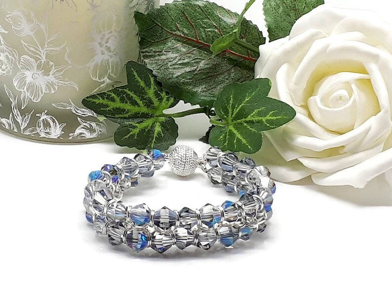 Clear iridescent Crystal Bicone Chain Maille Bracelet