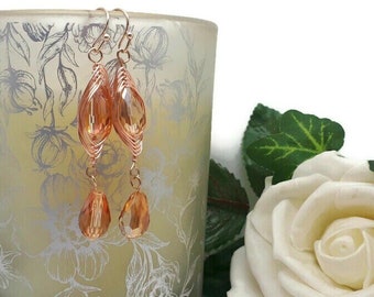 Orange Crystal Drop Herringbone Wrapped Earrings