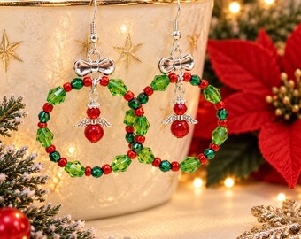 Crystal Wreath Earrings | Red Angel Christmas Jewellery | Festive Beaded Earrings