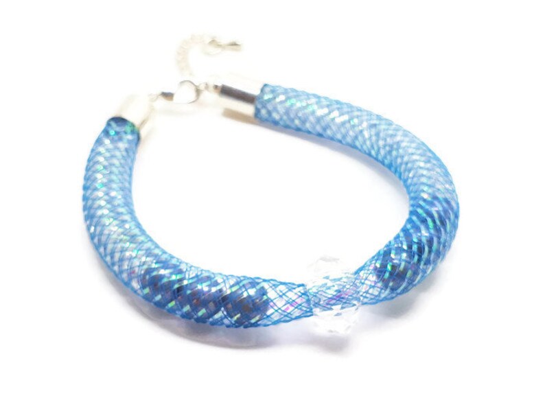 Crystal filled Fashion Bracelet Tubular Cuff Bracelet Blue Crystal Pearl Mesh Bracelet with Clear Crystal Charm Stardust Cuff Bracelet