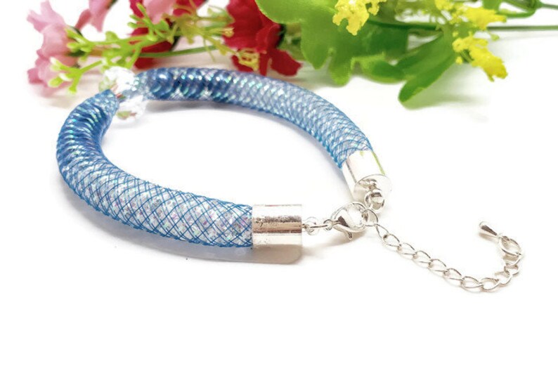 Crystal filled Fashion Bracelet Tubular Cuff Bracelet Blue Crystal Pearl Mesh Bracelet with Clear Crystal Charm Stardust Cuff Bracelet