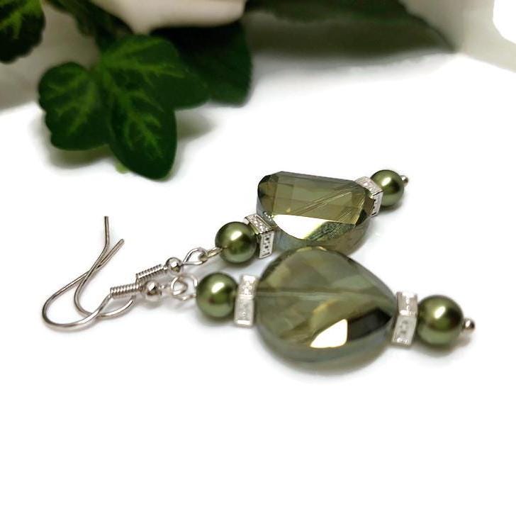 Green Crystal & Pearl Earrings | Elegant Silver Drops | Handmade Gift for Her