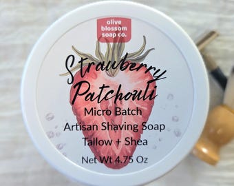Strawberry Patchouli Shave Soap w/ Tallow & Shea Butter, Micro Batch Artisan Shaving Soap, Wet Shaving for Men and Women