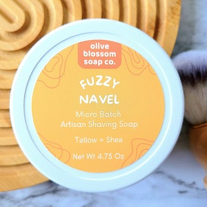 Fuzzy Navel Shave Soap w/ Tallow & Shea Butter, Micro Batch Artisan Shaving Soap, Wet Shaving for Men and Women