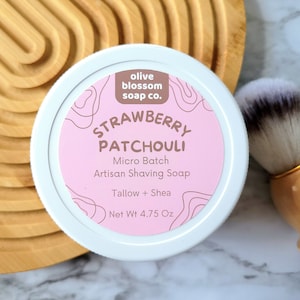 Strawberry Patchouli Shave Soap w/ Tallow & Shea Butter, Micro Batch Artisan Shaving Soap, Wet Shaving for Men and Women