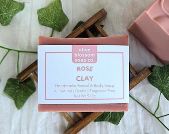 Rose Clay Soap, Unscented Natural Facial Bar for Mature Normal and Oily Skin