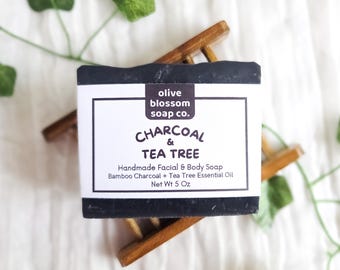 Charcoal Tea Tree Facial Soap for Oily Skin, Handmade Cold Process Face Cleanser, Natural Activated Charcoal Face Bar, Essential Oil Soap