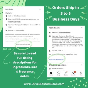 May include: Image of an Etsy listing for Olive Blossom Soap. The listing details include the materials, volume, and shipping information. The text reads "Orders Ship in 3 to 5 Business Days."