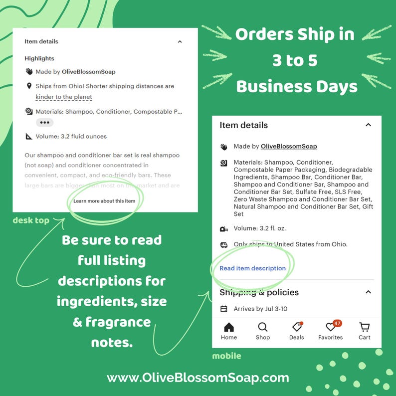 May include: Image of an Etsy listing for Olive Blossom Soap. The listing details include the materials, volume, and shipping information. The text reads "Orders Ship in 3 to 5 Business Days."