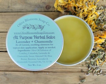 All Purpose Herbal Salve, Lavender and Chamomile Essential Oils, Comfrey, Calendula, All Natural Soothing Ointment