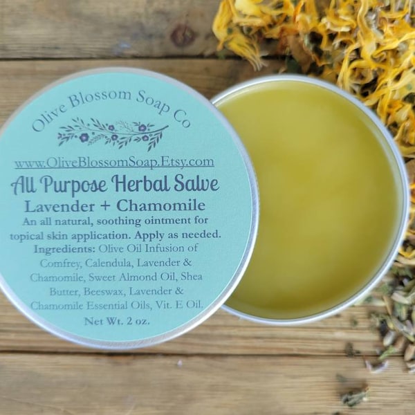 All Purpose Herbal Salve, Lavender and Chamomile Essential Oils, Comfrey, Calendula, All Natural Soothing Ointment