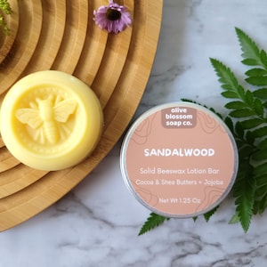 Sandalwood Solid Lotion Bar in Tin -  Beeswax Moisturizer for Dry Skin and Hands