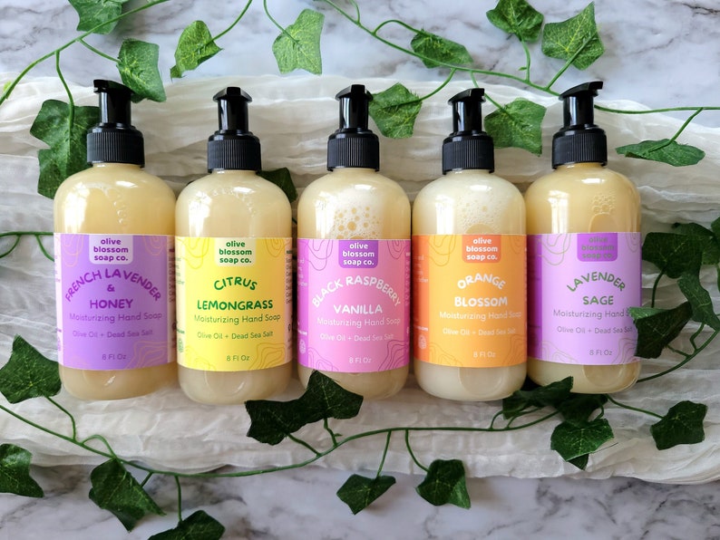 Set of 4 handmade, moisturizing liquid hand soaps in your choice of scents. Made with olive oil and dead sea salt.