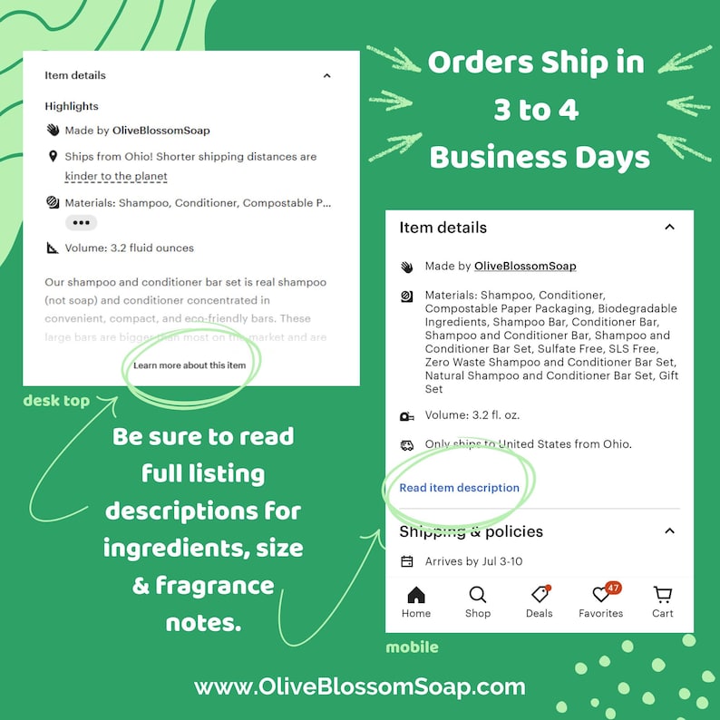 May include: A green informational graphic displaying two white boxes labeled Item details from OliveBlossomSoap. The text includes materials like shampoo and conditioner bars, a volume of 3.2 fluid ounces, and instructions to read full listing descriptions.