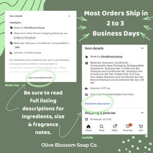 May include: A digital graphic displaying two white item detail panels for OliveBlossomSoap shampoo and conditioner bars. The text includes highlights, materials, and volume of 3.2 fluid ounces, with arrows pointing to desktop and mobile views.