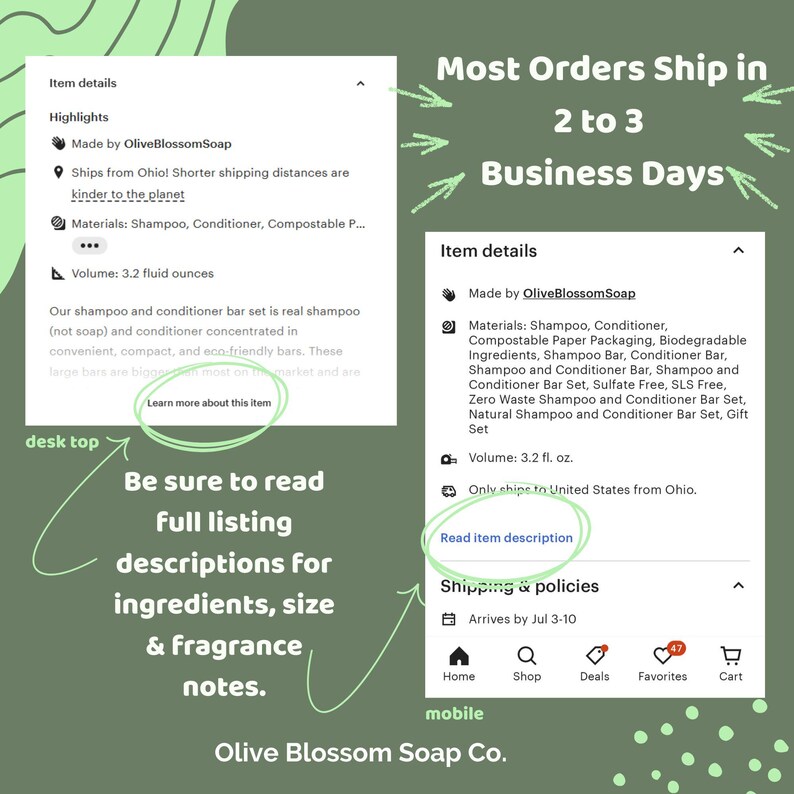 May include: A digital graphic displaying two white item detail panels for OliveBlossomSoap shampoo and conditioner bars. The text includes highlights, materials, and volume of 3.2 fluid ounces, with arrows pointing to desktop and mobile views.