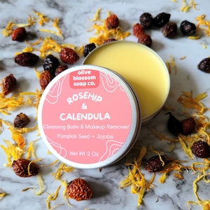 Cleansing Balm Makeup Remover with Rose Hip and Calendula, Oil to Milk Cleanser, Gentle and Effective, For All Skin Types, Clean Beauty