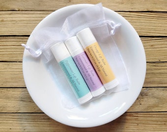 Set of 3 All Natural Lip Balms Made With Essential Oils - Spa Gift Under 10 - Party Favor - Bridesmaid and Coworker Gift