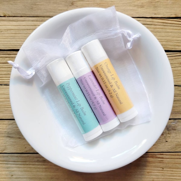 Set of 3 All Natural Lip Balms Made With Essential Oils - Spa Gift Under 10 - Party Favor - Bridesmaid and Coworker Gift