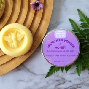 French Lavender & Honey Lotion Bar in Tin, Beeswax Moisturizer for Dry Hands and Skin