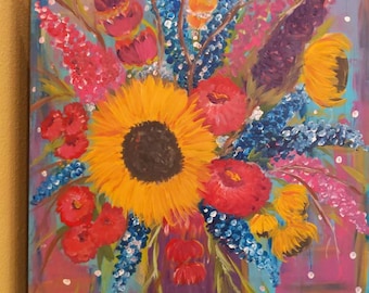 May include: A painting of a colorful bouquet of flowers in a purple vase. The flowers include sunflowers, red flowers, purple flowers, and blue flowers. The background is a pink and blue abstract design with white dots.