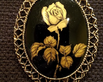 Beautiful Gold and Black Rose Brooch