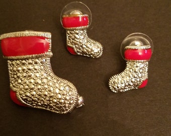 Vintage Christmas Stocking Brooch and Earring Set