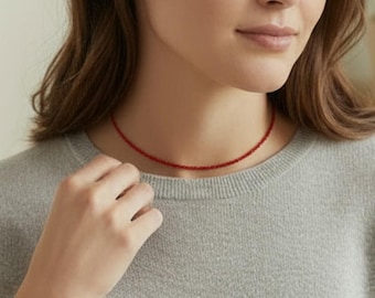 Red simple necklace, minimalist dainty necklace , delicate seed bead choker ,gift for her