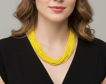 Colar longo amarelo estilo boho, colar de miçangas, joias boho com miçangas