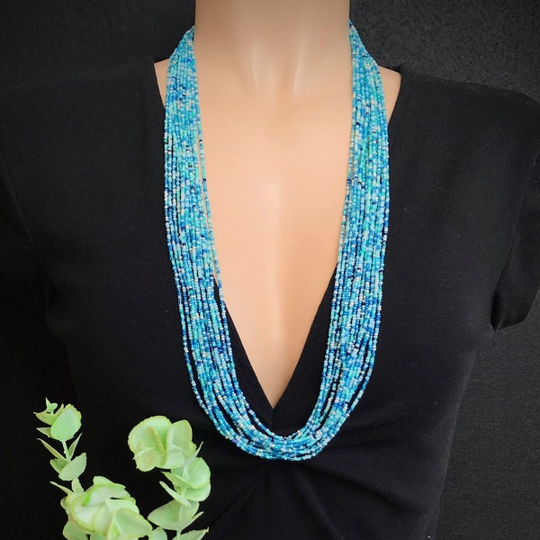 Long statement Turquoise beaded necklace, seed bead necklace,  teal necklace, aqua necklace