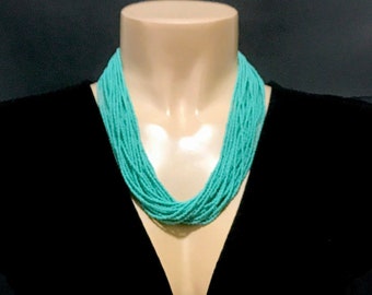 Seed bead necklace , turquoise boho statement necklace , teal necklace , multistrand , gifts for her