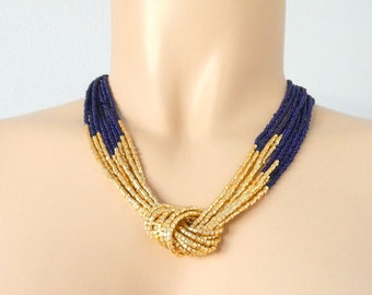 Navy blue and gold necklace,bridesmaids necklaces, retro style necklace, vintage inspired necklace, dark blue necklace,beaded necklace,women