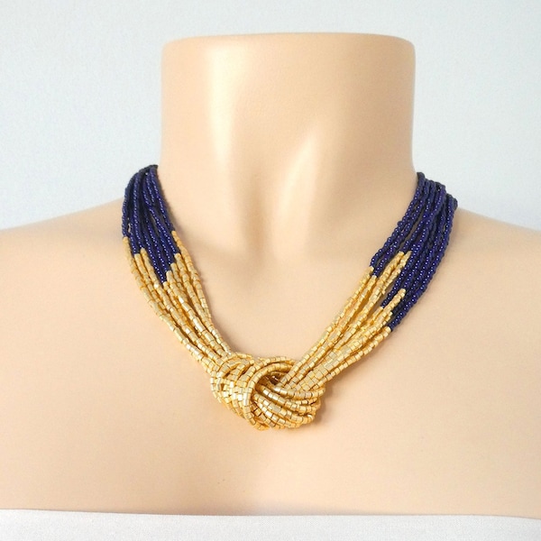 Navy blue and gold necklace,bridesmaids necklaces, retro style necklace, vintage inspired necklace, dark blue necklace,beaded necklace,women