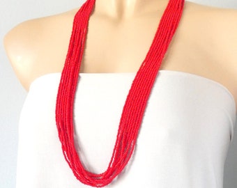 Long Red necklace, beaded necklace, seed bead necklace, multistrand necklace, boho necklace, Christmas day gift, Valentines Day gift for her